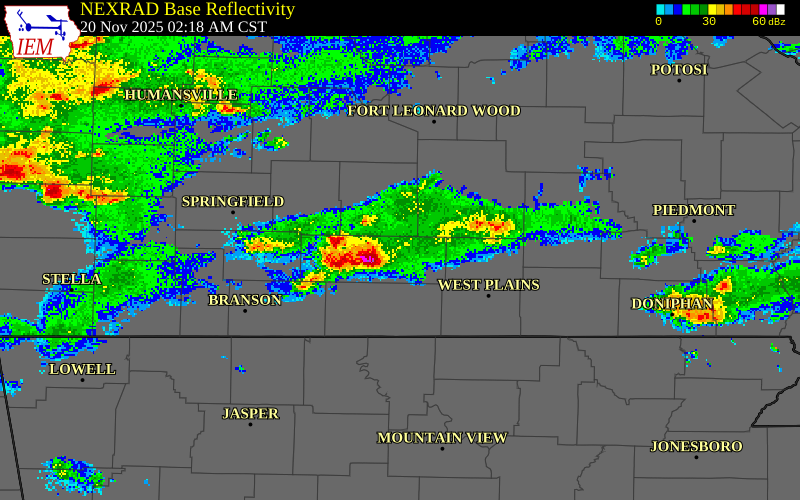 NEXRAD radar during the Thursday, November 20, 2025 storm activity in Douglas County, Missouri