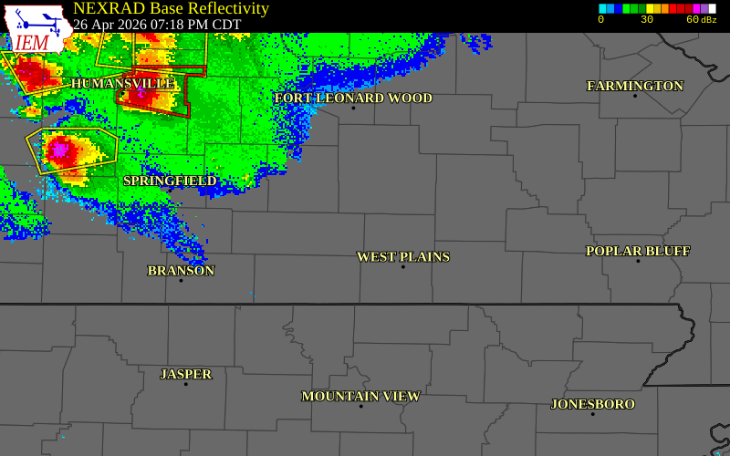 NEXRAD radar during the Sunday, April 26, 2026 storm activity in Douglas County, Missouri