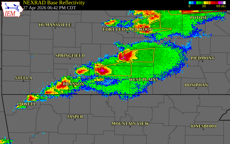 NEXRAD radar during the Monday, April 27, 2026 storm activity in Douglas County, Missouri