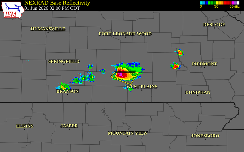 NEXRAD radar during the Monday, June 1, 2026 storm activity in Douglas County, Missouri