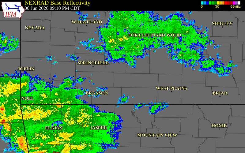 NEXRAD radar during the Saturday, June 6, 2026 storm activity in Douglas County, Missouri