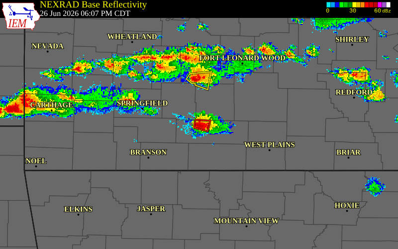 NEXRAD radar during the Friday, June 26, 2026 storm activity in Douglas County, Missouri