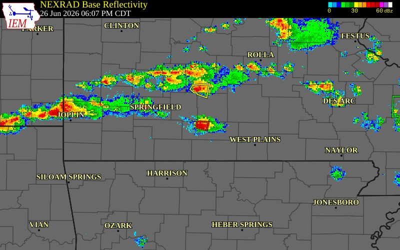 Radar snapshot during the Jun 26, 2026 tornado event near 5 N Ava, Douglas County, Missouri, with NWS warning polygons