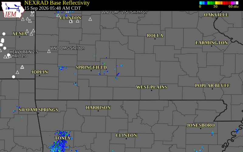 Current NEXRAD radar over Douglas County, Missouri with recent storm report locations