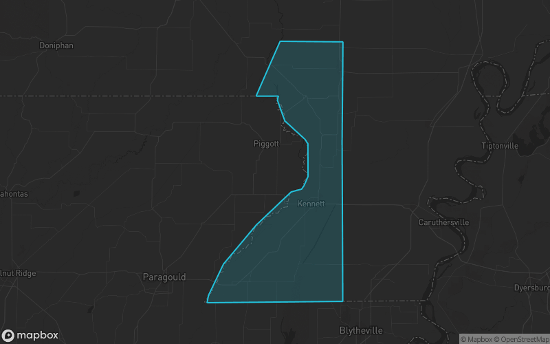 Map of Dunklin County, Missouri showing the county boundary and surrounding cities