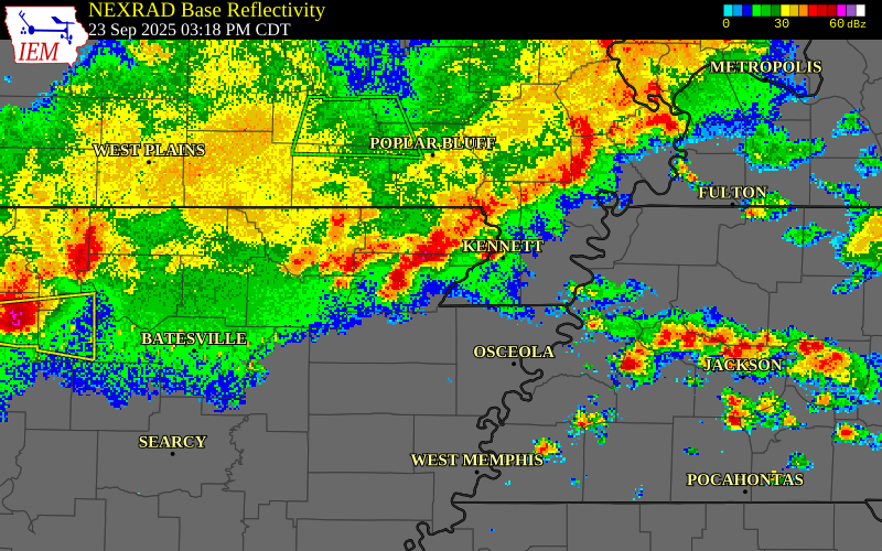 NEXRAD radar during the Tuesday, September 23, 2025 storm activity in Dunklin County, Missouri