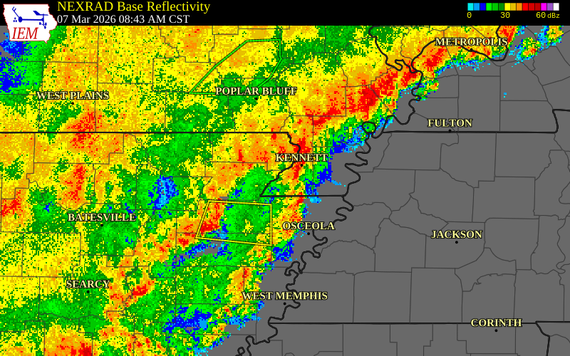 NEXRAD radar during the Saturday, March 7, 2026 storm activity in Dunklin County, Missouri