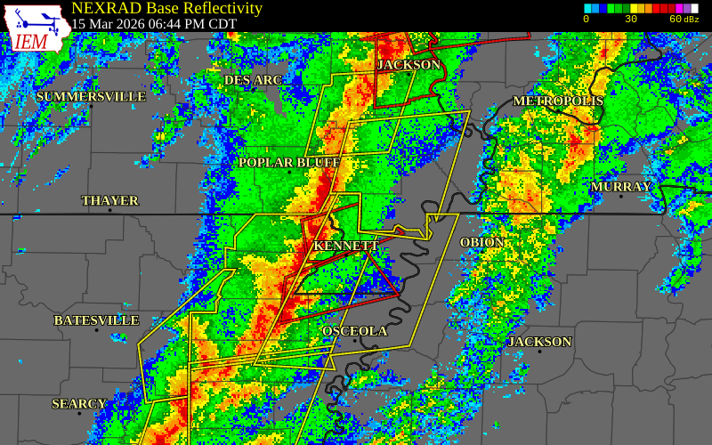 NEXRAD radar during the Sunday, March 15, 2026 storm activity in Dunklin County, Missouri
