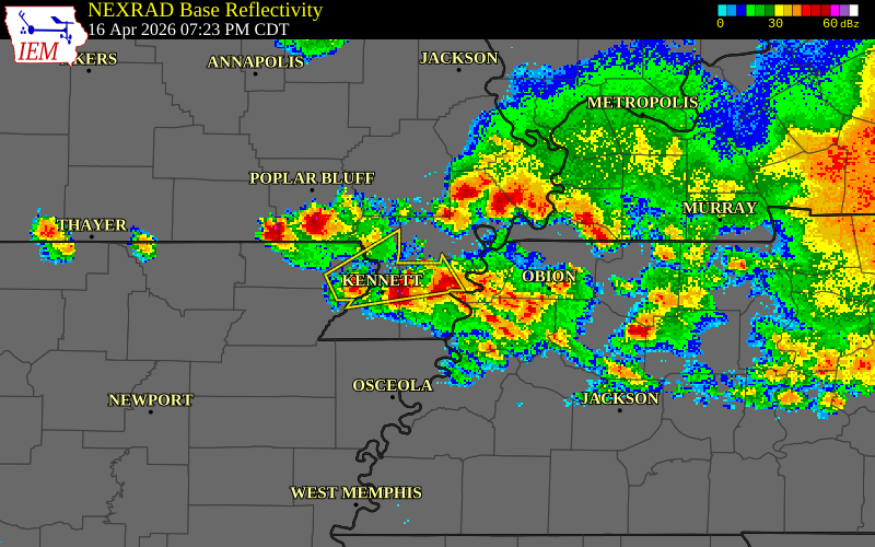 NEXRAD radar during the Thursday, April 16, 2026 storm activity in Dunklin County, Missouri