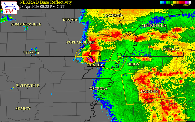 NEXRAD radar during the Tuesday, April 28, 2026 storm activity in Dunklin County, Missouri