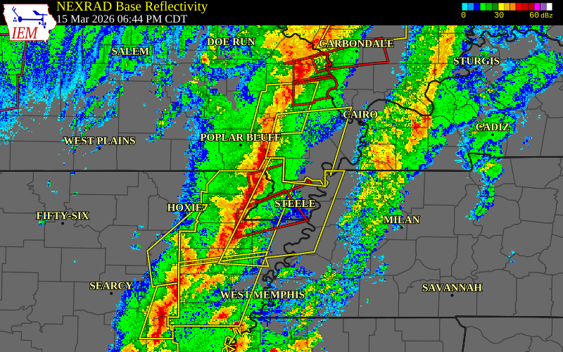 Radar snapshot during the Mar 15, 2026 tornado event near 2 W Clarkton, Dunklin County, Missouri, with NWS warning polygons