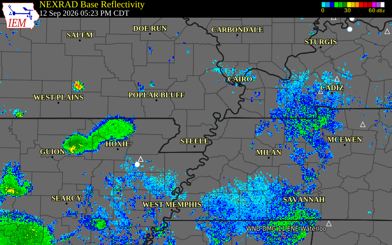 Current NEXRAD radar over Dunklin County, Missouri with recent storm report locations