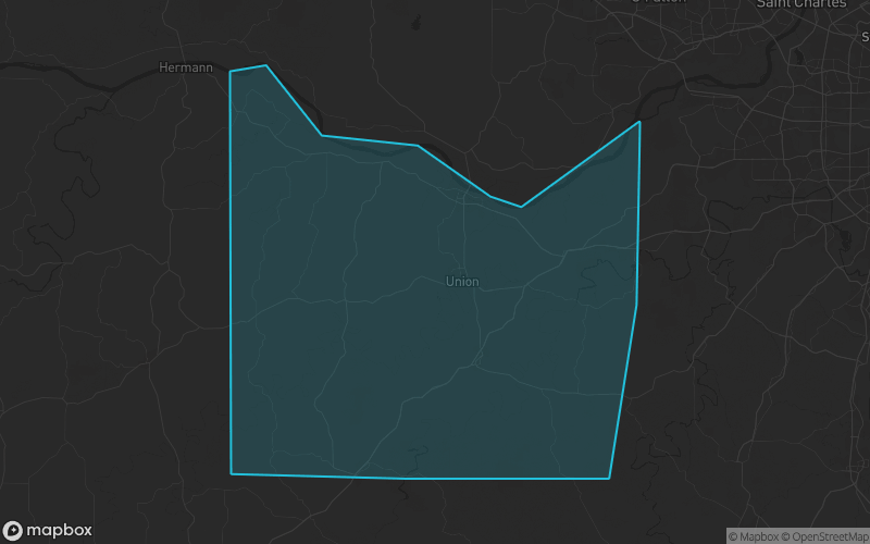 Map of Franklin County, Missouri showing the county boundary and surrounding cities