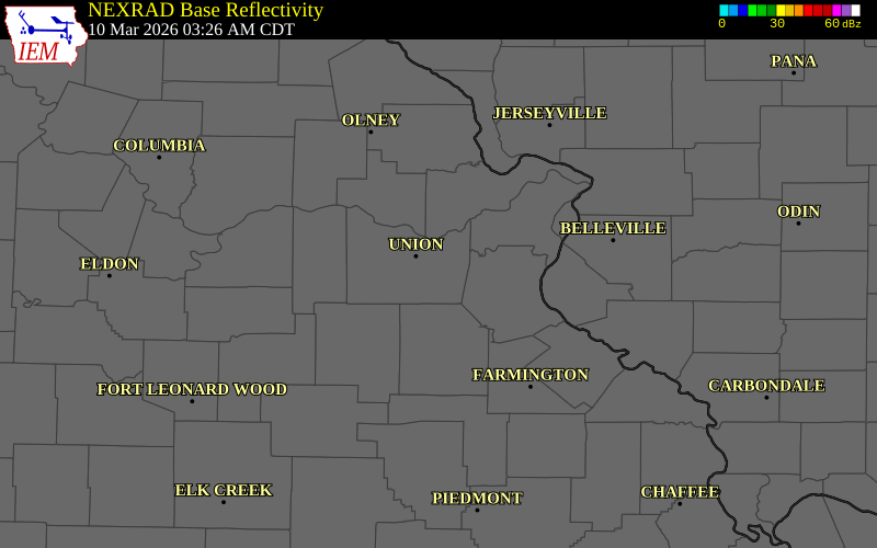 NEXRAD radar during the Tuesday, March 10, 2026 storm activity in Franklin County, Missouri