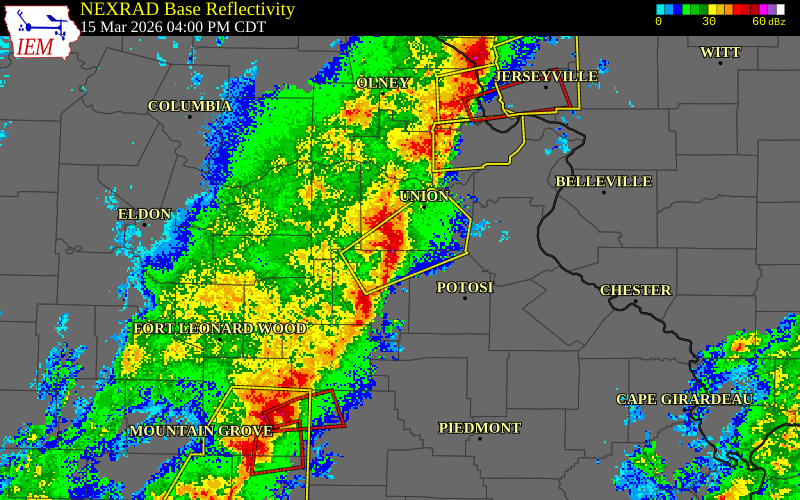 NEXRAD radar during the Sunday, March 15, 2026 storm activity in Franklin County, Missouri