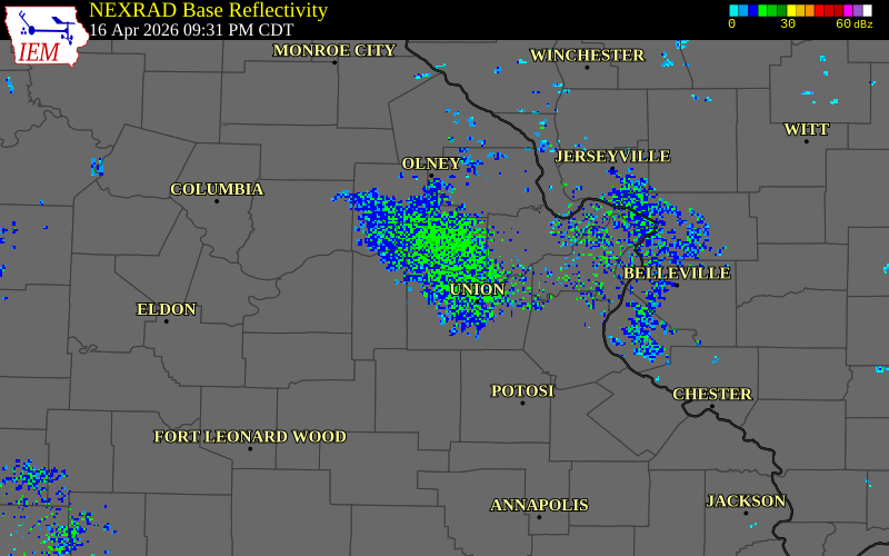 NEXRAD radar during the Thursday, April 16, 2026 storm activity in Franklin County, Missouri