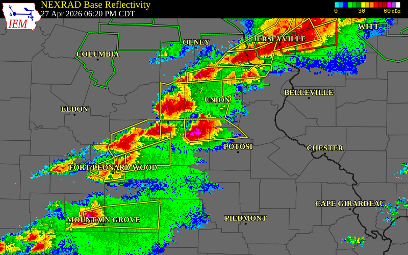 NEXRAD radar during the Monday, April 27, 2026 storm activity in Franklin County, Missouri