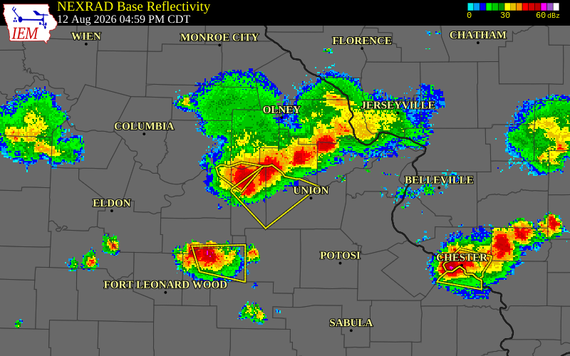 NEXRAD radar during the Wednesday, August 12, 2026 storm activity in Franklin County, Missouri