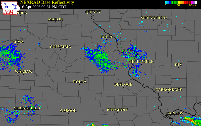 Radar snapshot during the Apr 16, 2026 tornado event near 4 SE New Haven, Franklin County, Missouri, with NWS warning polygons