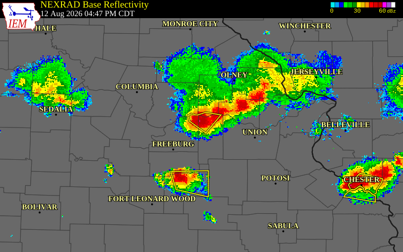 NEXRAD radar during the Wednesday, August 12, 2026 storm activity in Gasconade County, Missouri