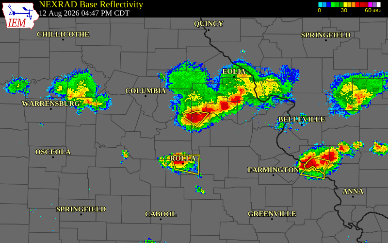 Radar snapshot during the Aug 12, 2026 hail event near 7 S Morrison, Gasconade County, Missouri, with NWS warning polygons