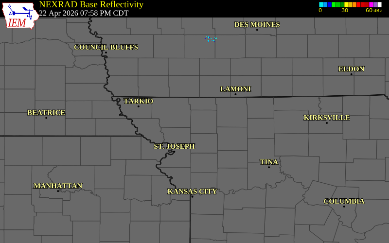 Radar snapshot during the Apr 22, 2026 tornado event near 1 W Stanberry, Gentry County, Missouri, with NWS warning polygons