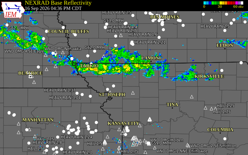 Current NEXRAD radar over Gentry County, Missouri with recent storm report locations