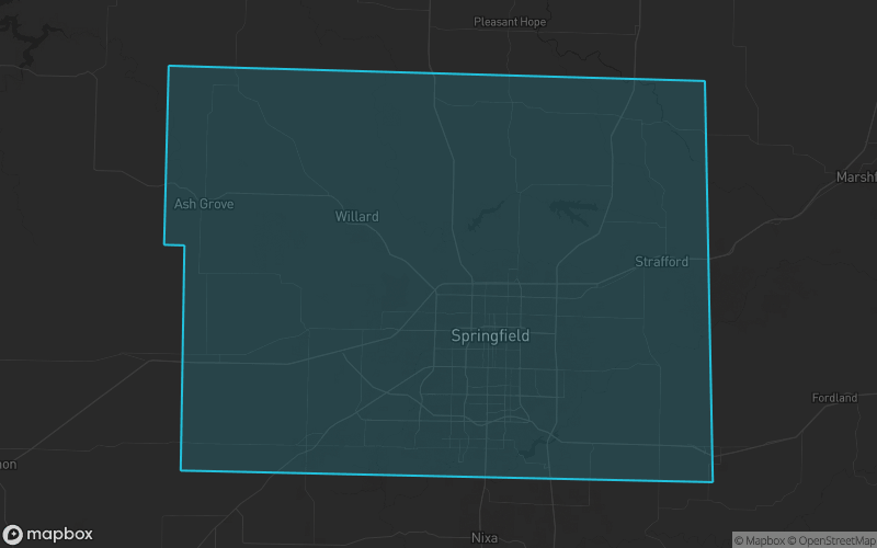 Map of Greene County, Missouri showing the county boundary and surrounding cities