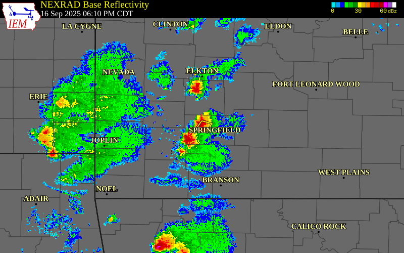 NEXRAD radar during the Tuesday, September 16, 2025 storm activity in Greene County, Missouri