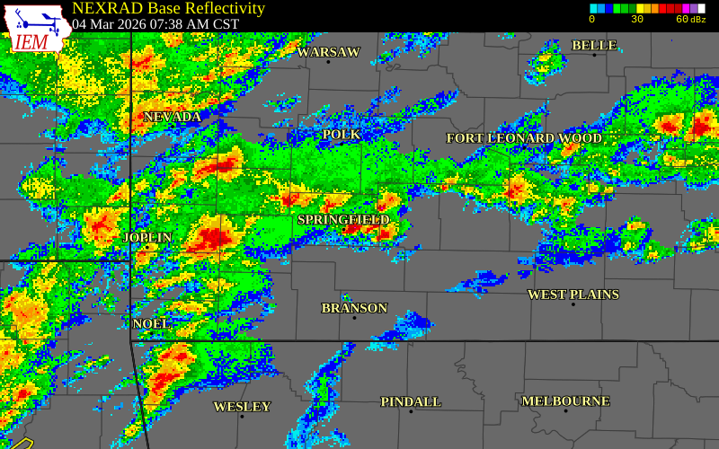 NEXRAD radar during the Wednesday, March 4, 2026 storm activity in Greene County, Missouri