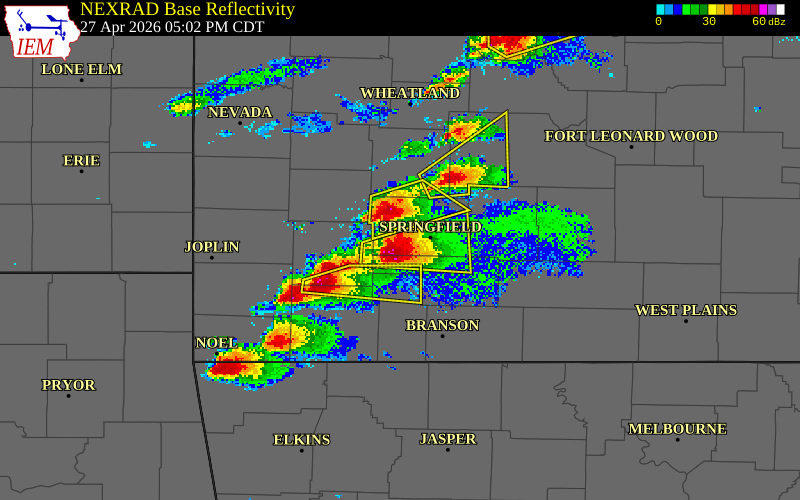 NEXRAD radar during the Monday, April 27, 2026 storm activity in Greene County, Missouri