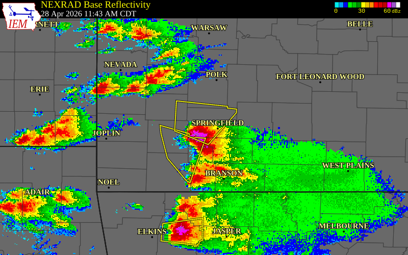 NEXRAD radar during the Tuesday, April 28, 2026 storm activity in Greene County, Missouri