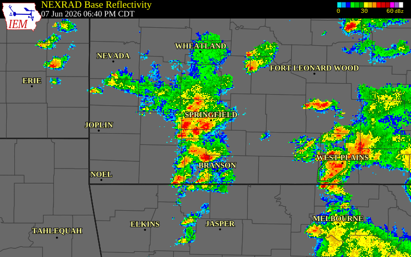 NEXRAD radar during the Sunday, June 7, 2026 storm activity in Greene County, Missouri