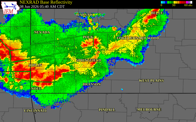 NEXRAD radar during the Monday, June 8, 2026 storm activity in Greene County, Missouri