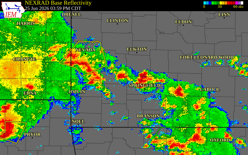 NEXRAD radar during the Thursday, June 25, 2026 storm activity in Greene County, Missouri