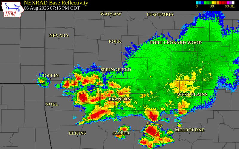 NEXRAD radar during the Thursday, August 6, 2026 storm activity in Greene County, Missouri