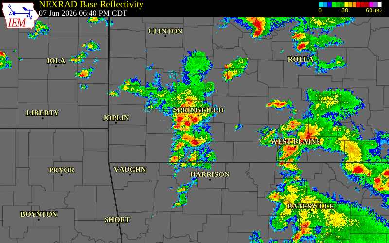 Radar snapshot during the Jun 7, 2026 tornado event near 1 ESE Battlefield, Greene County, Missouri, with NWS warning polygons