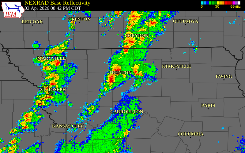 NEXRAD radar during the Friday, April 3, 2026 storm activity in Grundy County, Missouri