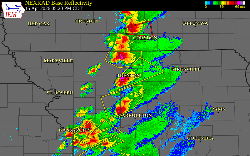 NEXRAD radar during the Wednesday, April 15, 2026 storm activity in Grundy County, Missouri