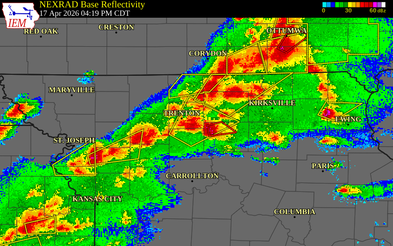 NEXRAD radar during the Friday, April 17, 2026 storm activity in Grundy County, Missouri