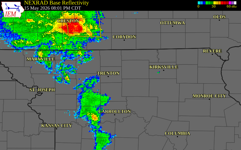 NEXRAD radar during the Friday, May 15, 2026 storm activity in Grundy County, Missouri