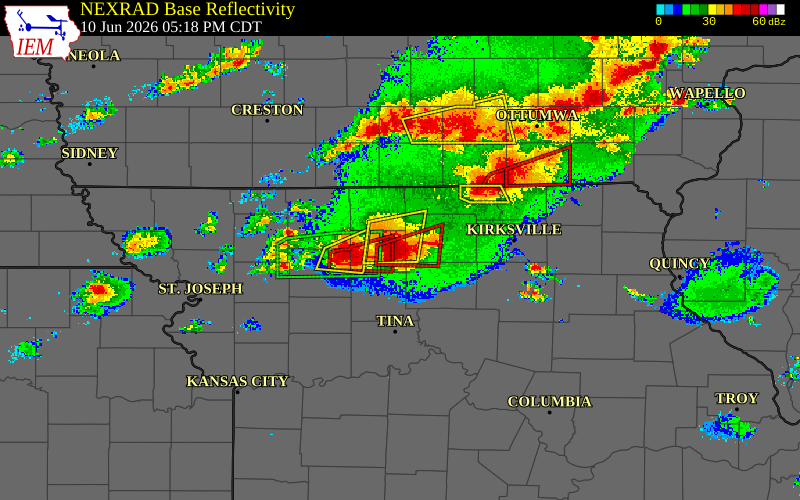 Radar snapshot during the Jun 10, 2026 tornado event near 1 WNW Galt, Grundy County, Missouri, with NWS warning polygons