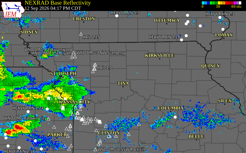 Current NEXRAD radar over Grundy County, Missouri with recent storm report locations