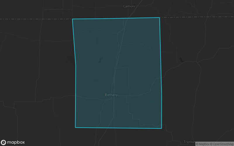 Map of Harrison County, Missouri showing the county boundary and surrounding cities