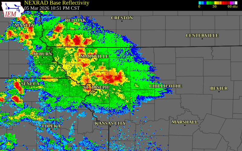 NEXRAD radar during the Thursday, March 5, 2026 storm activity in Harrison County, Missouri