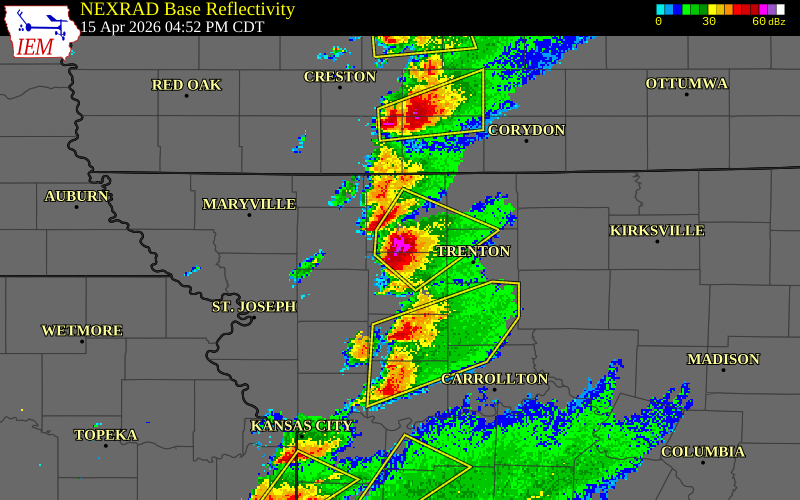 NEXRAD radar during the Wednesday, April 15, 2026 storm activity in Harrison County, Missouri