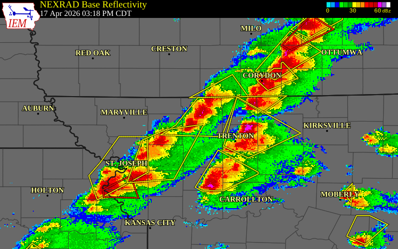 NEXRAD radar during the Friday, April 17, 2026 storm activity in Harrison County, Missouri