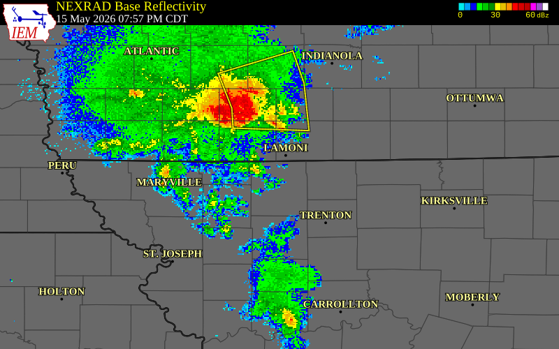 NEXRAD radar during the Friday, May 15, 2026 storm activity in Harrison County, Missouri