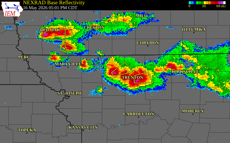 NEXRAD radar during the Saturday, May 16, 2026 storm activity in Harrison County, Missouri