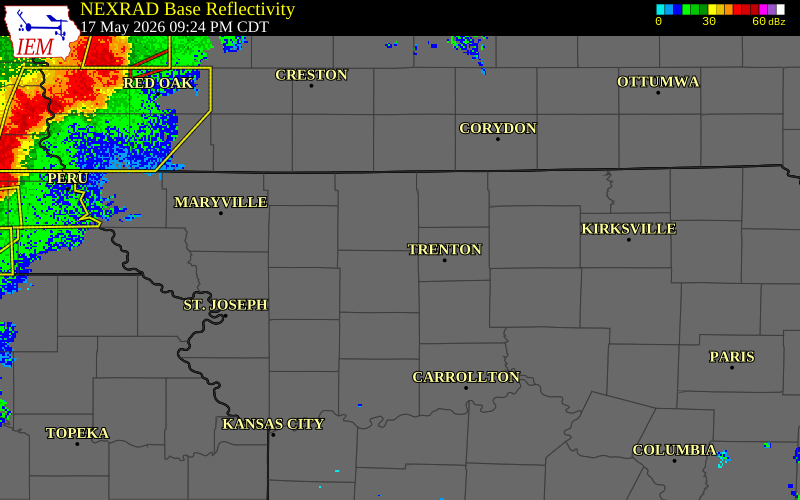 NEXRAD radar during the Sunday, May 17, 2026 storm activity in Harrison County, Missouri
